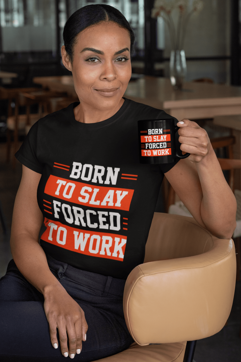 Black Glossy Mug "Forced to work" - Image 2